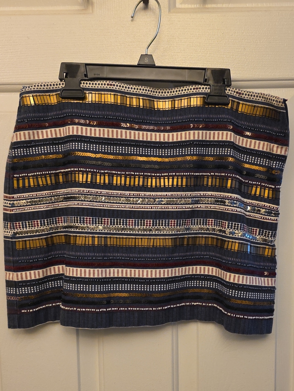 En Creme Navy, Mustard & White Striped Mini Skirt with Sequin Detail
